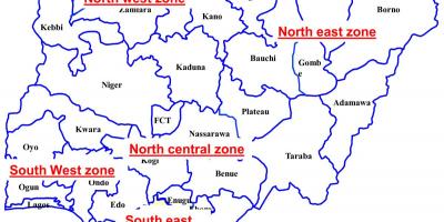 नाइजीरिया के नक्शे दिखा रहा है छह भू-राजनीतिक क्षेत्रों में