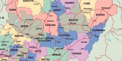 नाइजीरिया के नक्शे के साथ राज्यों और शहरों
